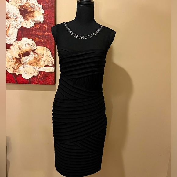 Calvin Klein Black Beaded Neck Bandage Cocktail Dress, Mesh Back & Chest, size M - Picture 1 of 5